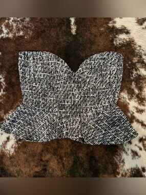 Blue Blush Black and White Strapless Tweed Peplum Crop Top - Small